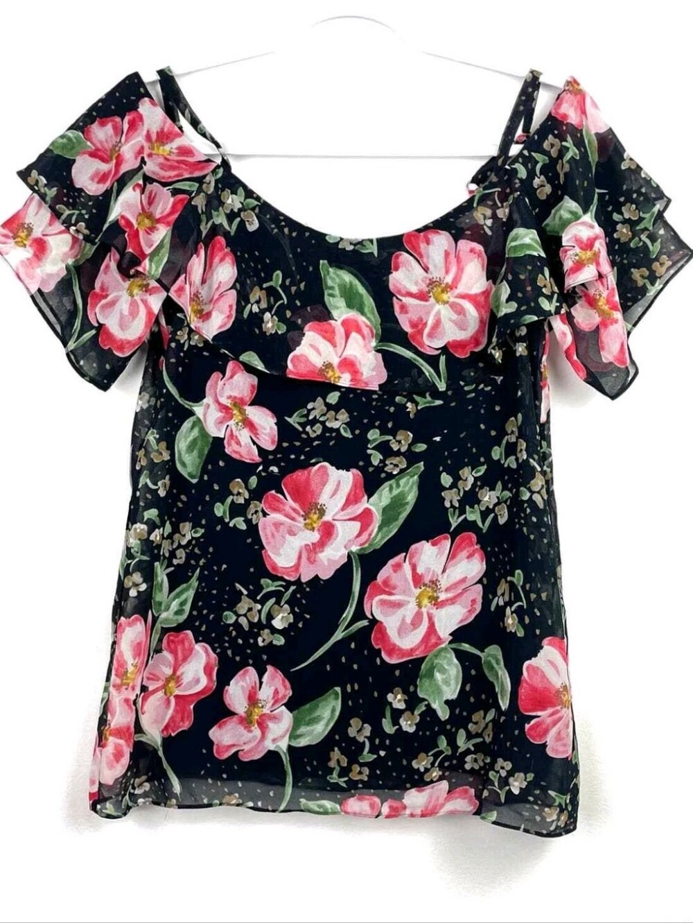 Cabi Hibiscus Floral Cold Shoulder with Straps Ruffle Flowy Fairy Tale